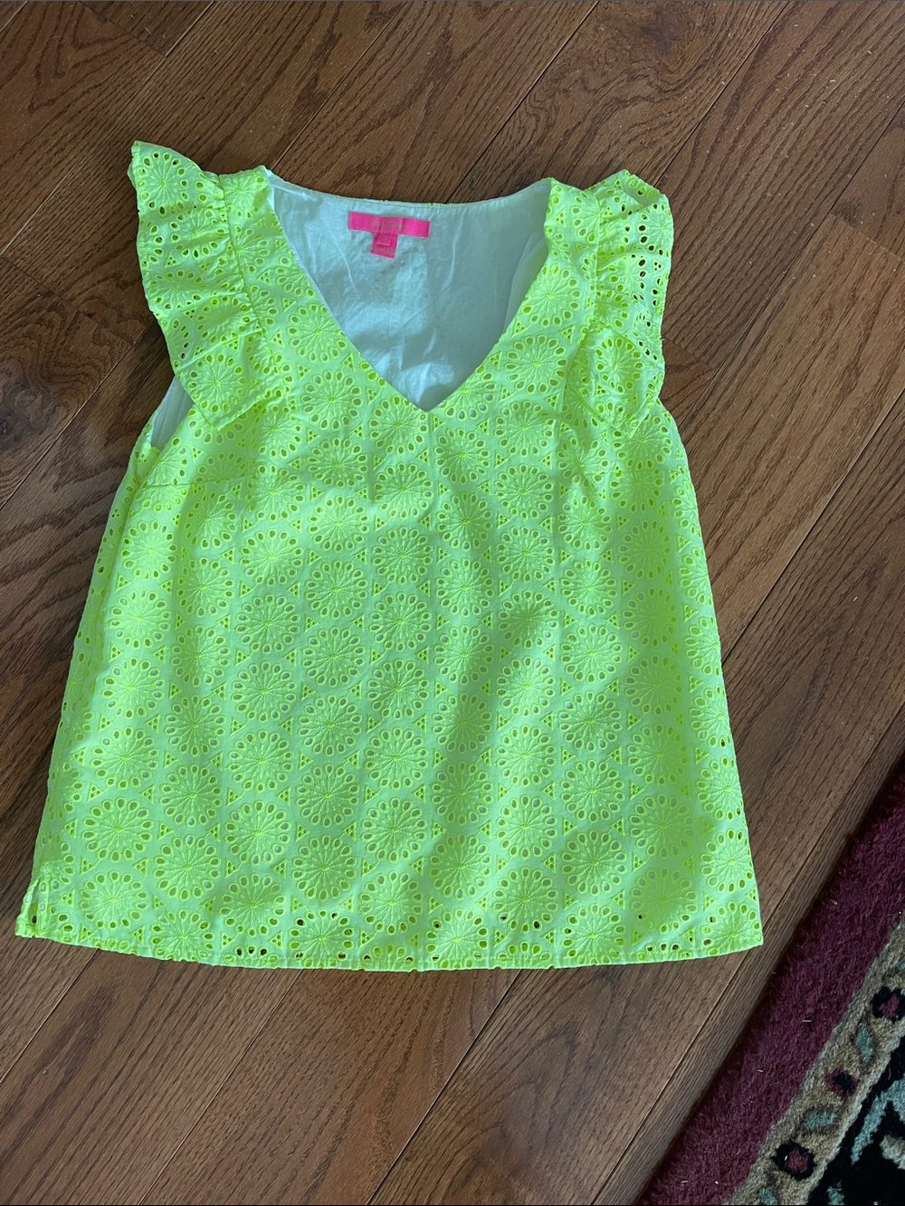 Lilly Pulitzer Neon Lime Eyelet V-Neck Ruffle Shell